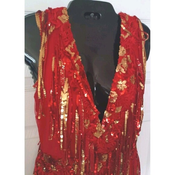 Banjul Sequin Mesh Maxi Dress Gown Size Small Red Gold Party Cocktail Sparkly - Picture 7 of 11